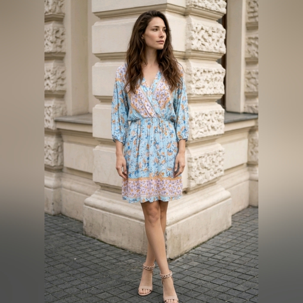 CES FEMME | SMALL | Light Blue Floral Wrap-Style Women's Dress